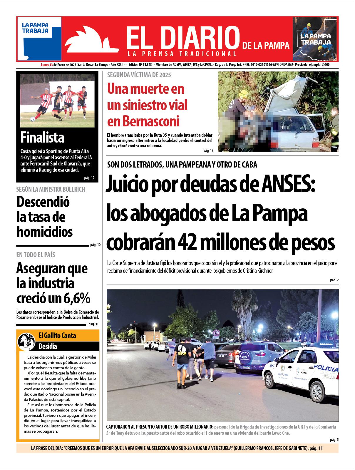 Tapa de El Diario en papel  lunes 13 de enero de 2025